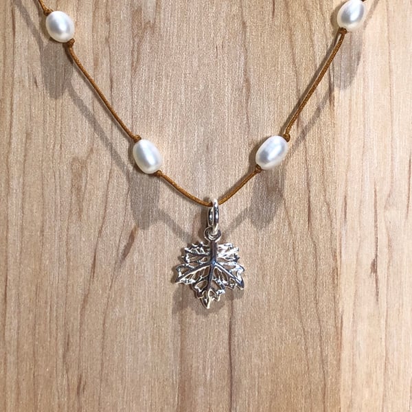 Silver Maple Leaf Pendant with Freshwater Pearls.