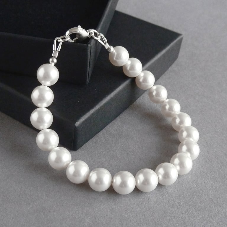 Single Strand White Glass Pearl Bracelet - Simple Wedding Jewellery - Gifts