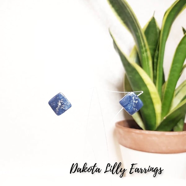 Navy and silver, square clay stud earrings