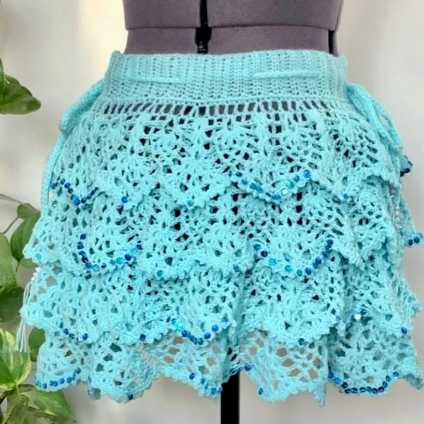 Handmade crochet ruffle skirt. Sequins. Aquamarine. U.K. size 12.