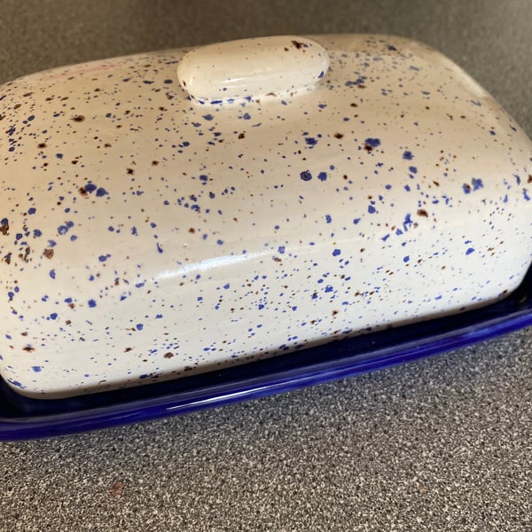 Butter Dish Speckled Blue and White