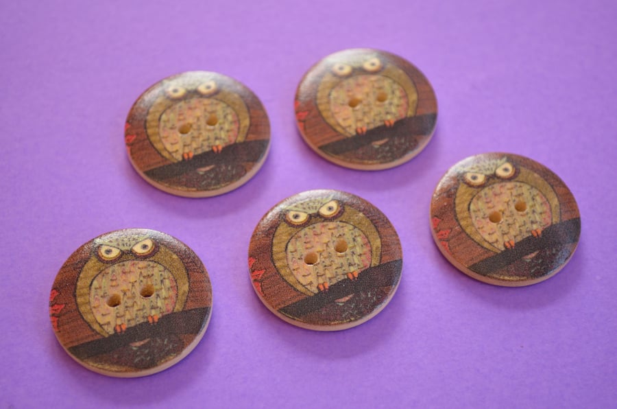 30mm Wooden Owl Buttons Natural Brown Mint Green Red 5pk Bird (LOW7)