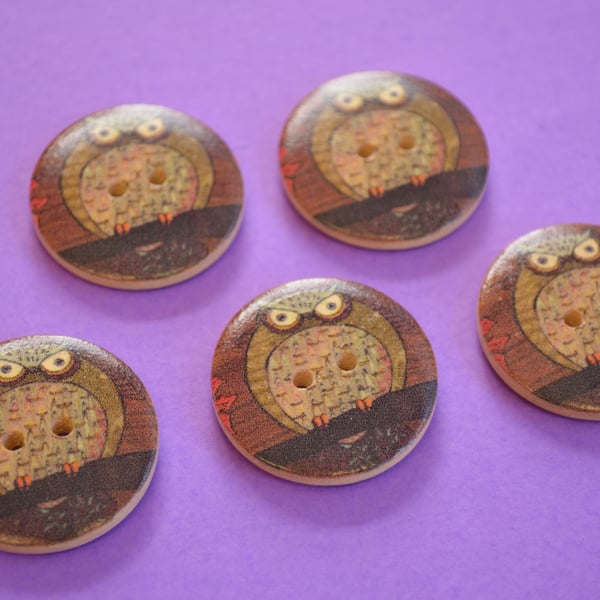 30mm Wooden Owl Buttons Natural Brown Mint Green Red 5pk Bird (LOW7)