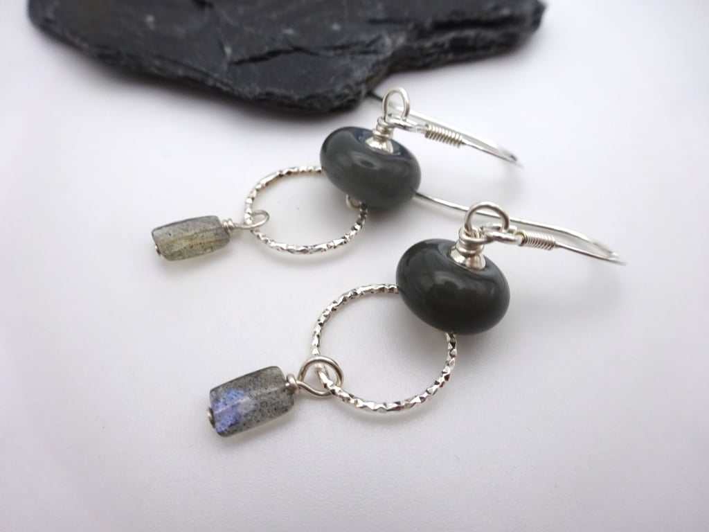 grey lampwork glass and labradorite earrings