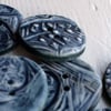 Handmade Ceramic buttons - inky blue eggs and feather buttons