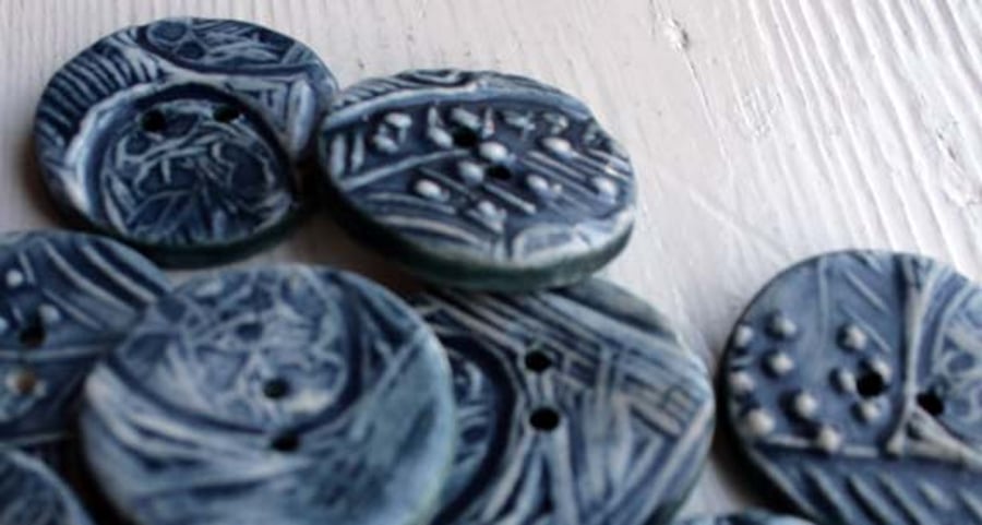 Handmade Ceramic buttons - inky blue eggs and feather buttons