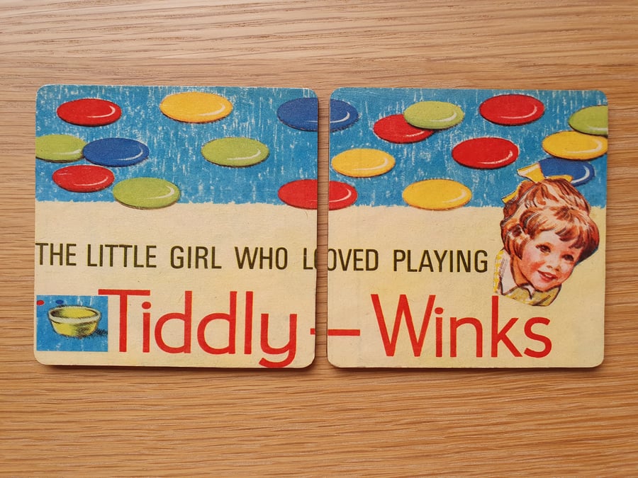 Coasters Set of 2 - The Girl who loved Tiddly Winks! 1960s Vintage paper