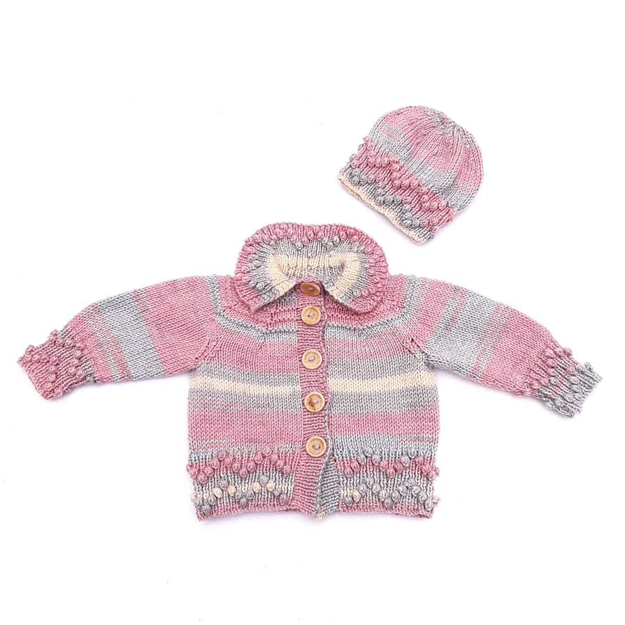 Hand knitted baby bobble trim cardigan and hat 0 - 6 months - baby clothes 
