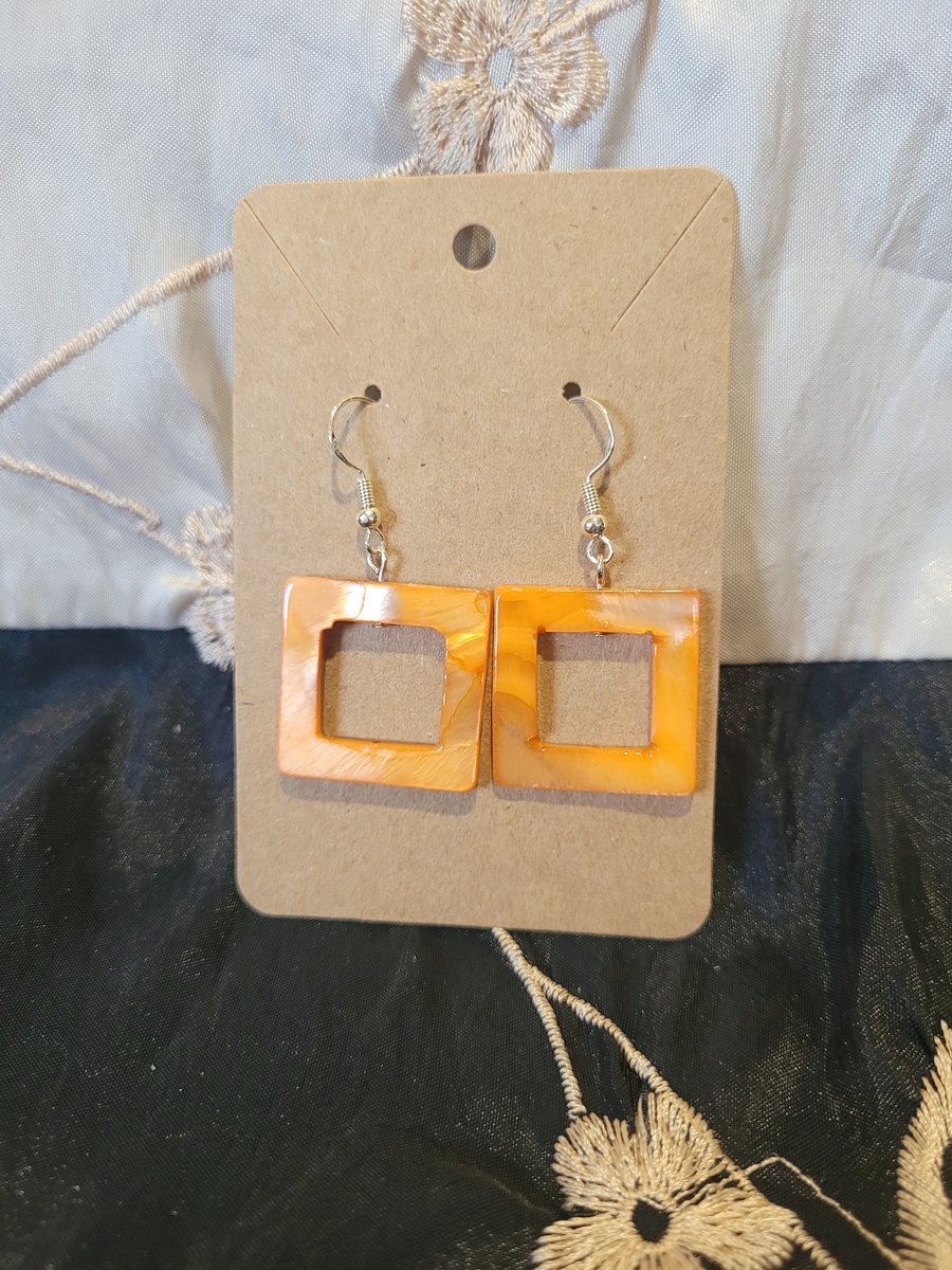 S925 Sterling Silver Earrings - Orange Shell Squares 