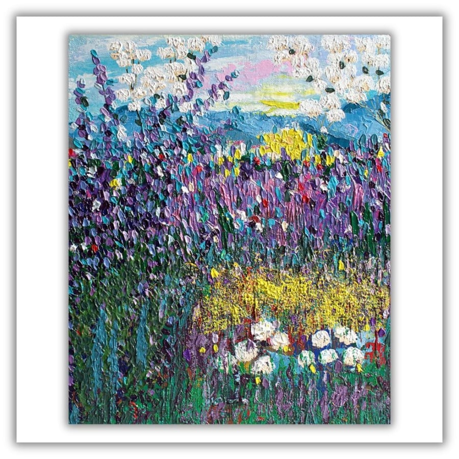 Wildflowers - field of lavender - purple flowers - impasto painting - framed