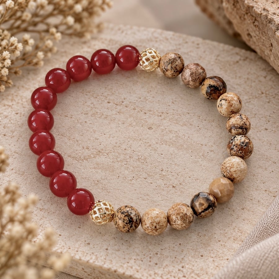 Crimson Earth – Red Carnelian & Faceted Picture Jasper Gemstone Stretch Bracelet
