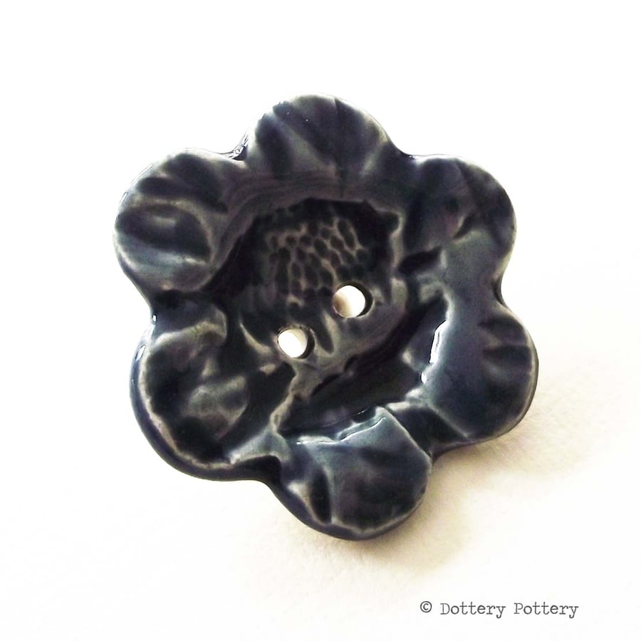 SALE Large ceramic feature flower button dark blue pottery button