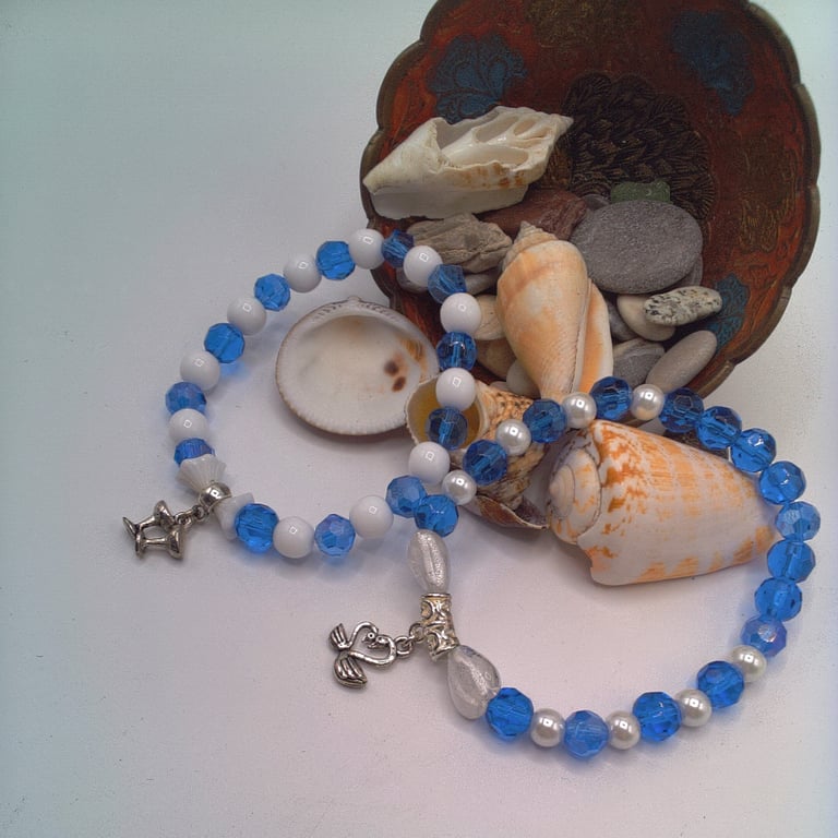 Blue and White Stretch Bracelets with  a Silver Plated Charm, Gift for Her