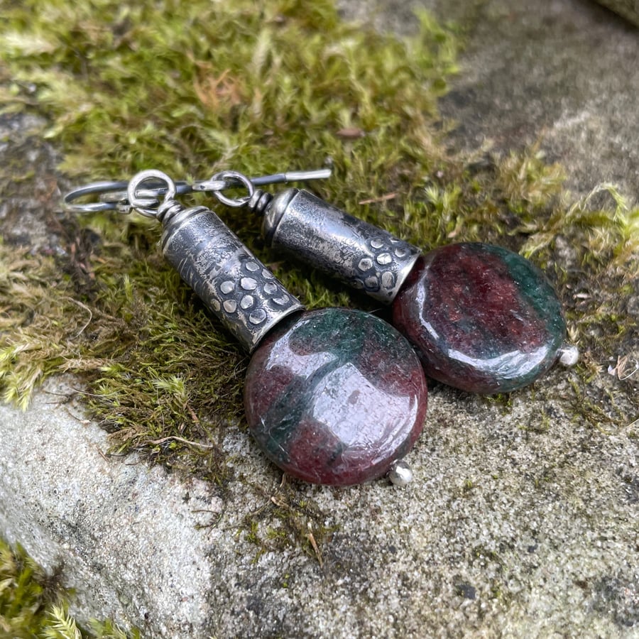 Oxidised silver and garnet bead earrings