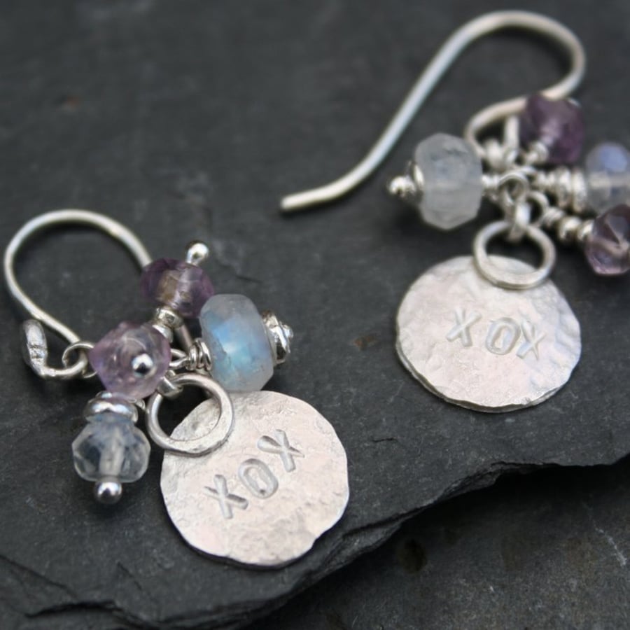 Silver moonstone and amethyst earrings -hugs and kisses