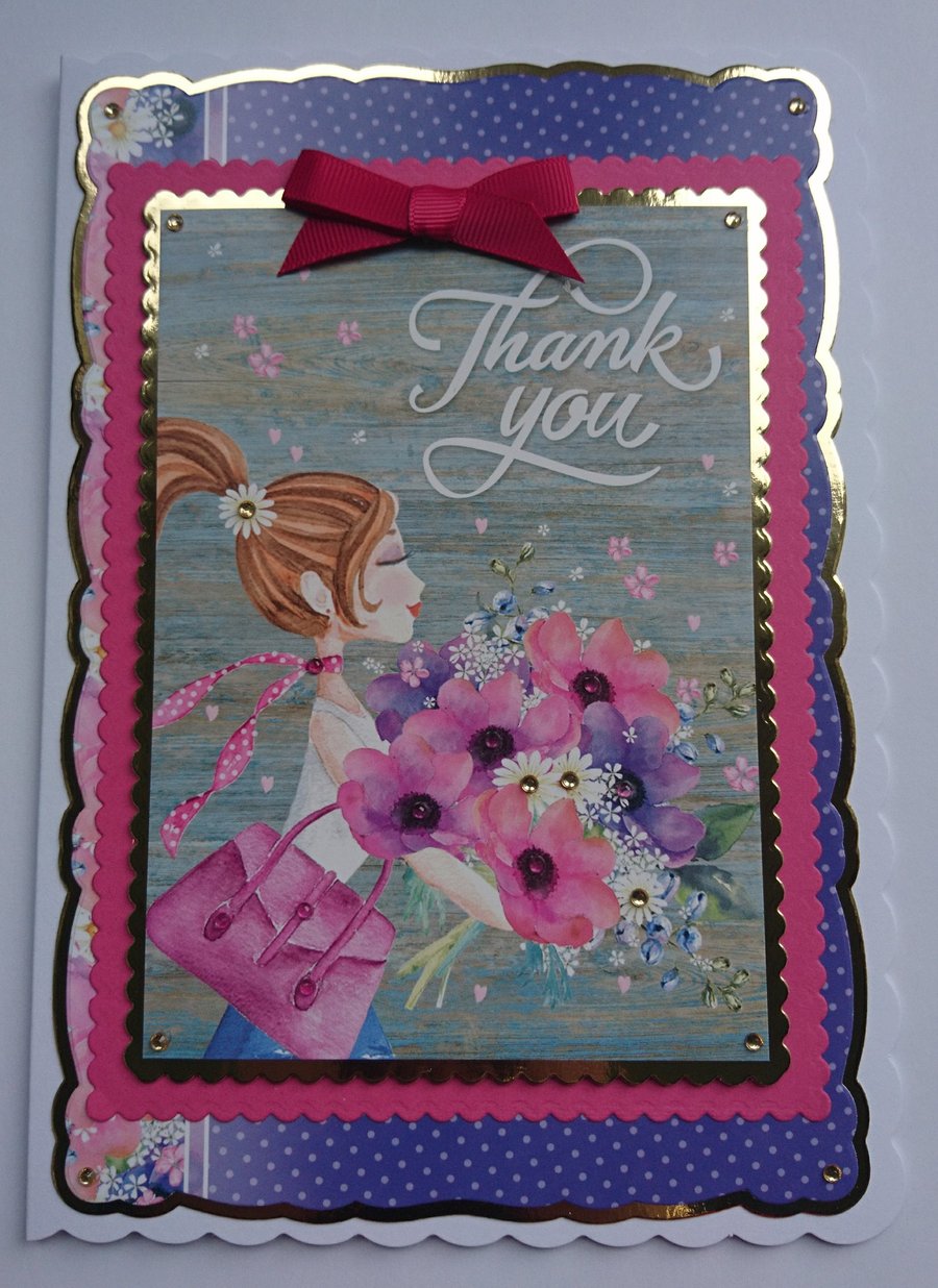 Thank You Card Chic Girl Bouquet of Flowers 3D Luxury Handmade Card