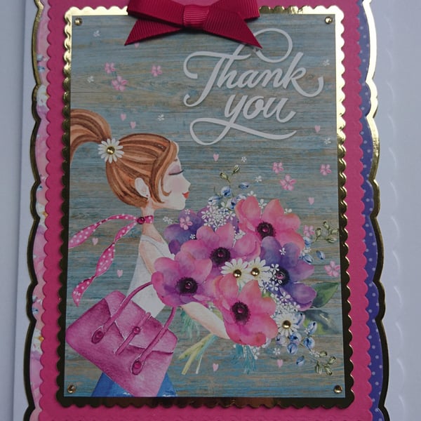 Thank You Card Chic Girl Bouquet of Flowers 3D Luxury Handmade Card