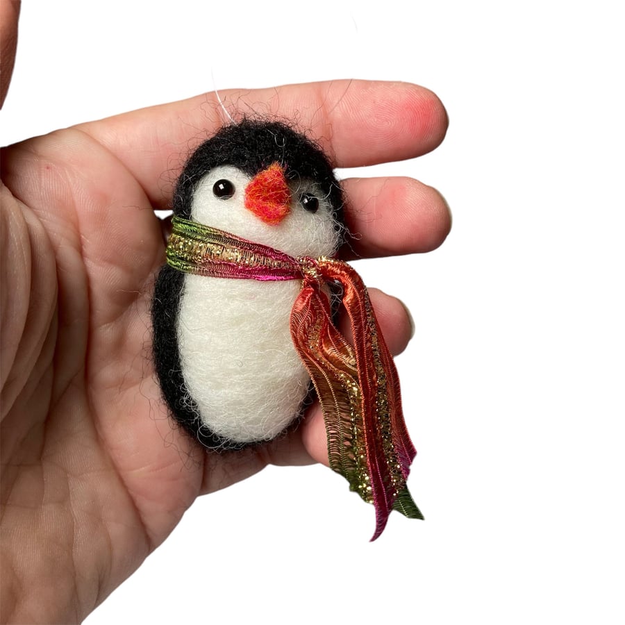 Christmas penguin bauble, needle felted hanging tree decoration