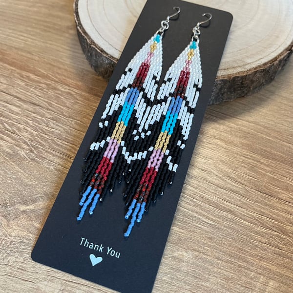 Colourful Southwestern style beaded feather fringe earrings