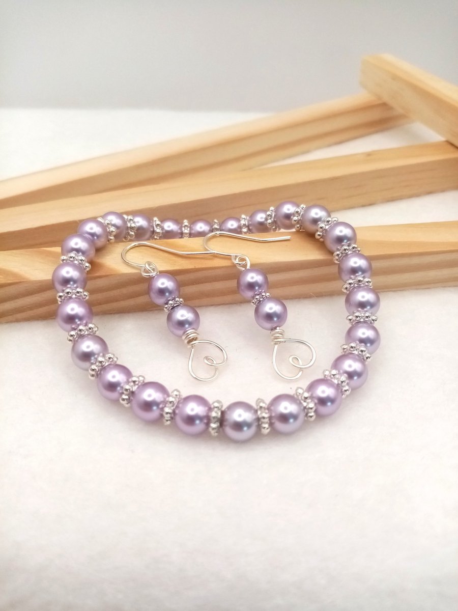 Rosewood Pearl Earring & Bracelet Gift Set, Love Heart Drops, Gift Boxed