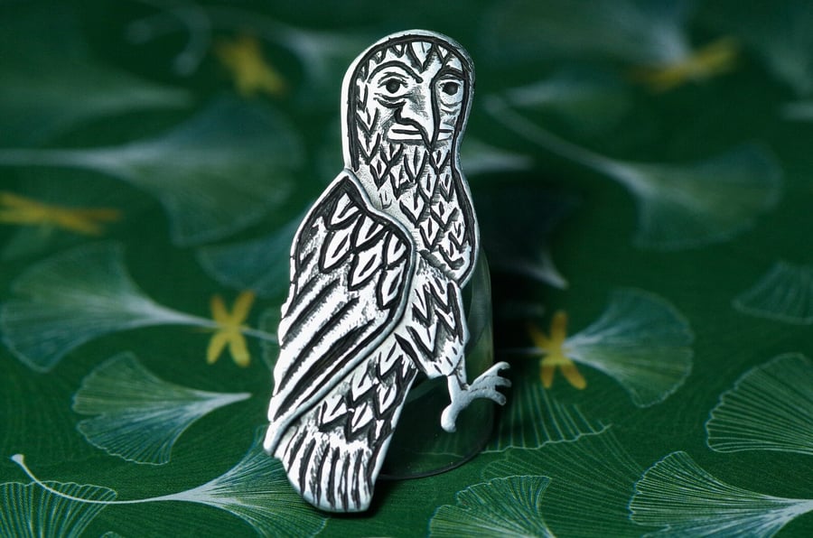 Weird Medieval Owl lapel pin - Handmade Sterling silver pin badge