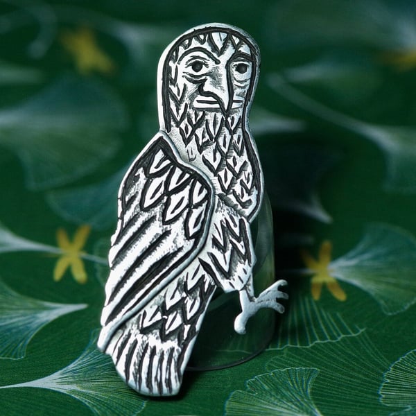 Weird Medieval Owl lapel pin - Handmade Sterling silver pin badge