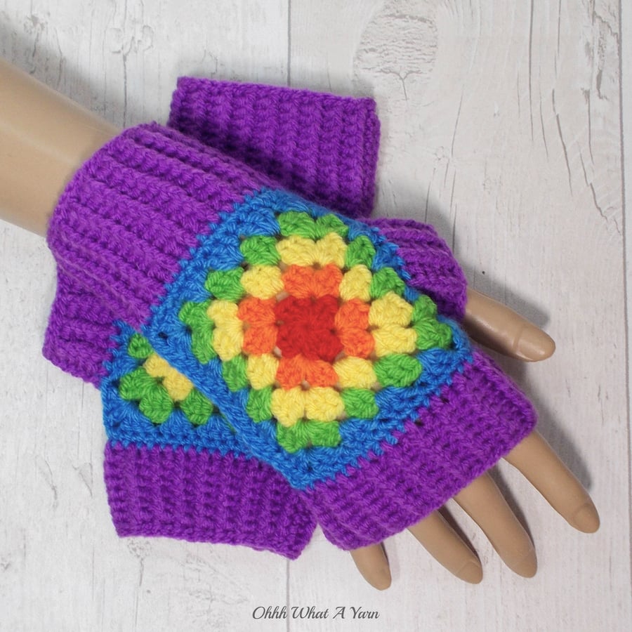 Crochet gloves. Purple rainbow granny square gloves, fingerless gloves.  