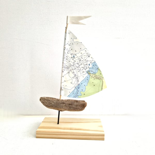 Brean Down, Somerset, driftwood sailboat ornament, authentic nautical map sail