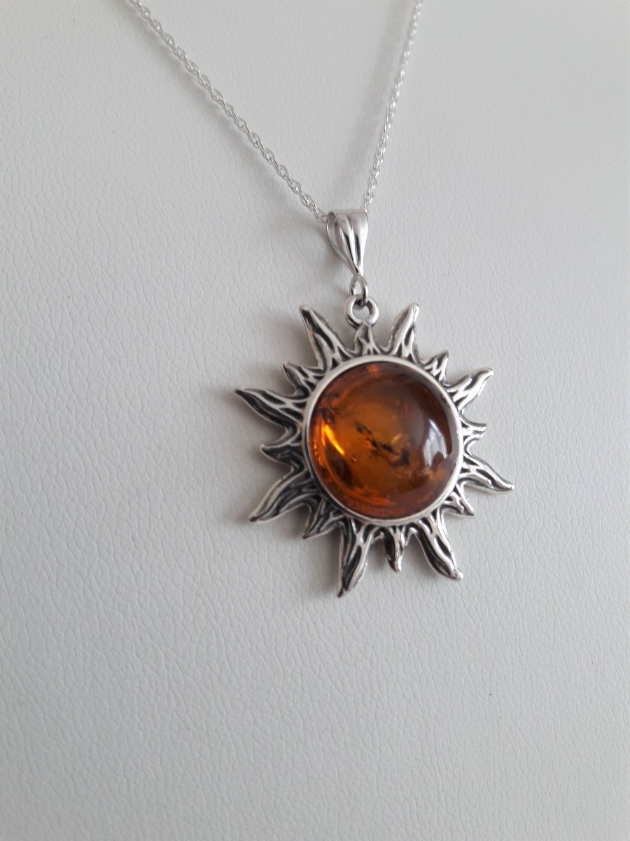 Amber Sunshine and Sterling Silver Necklace. Baltic Amber, Celestial, Gift
