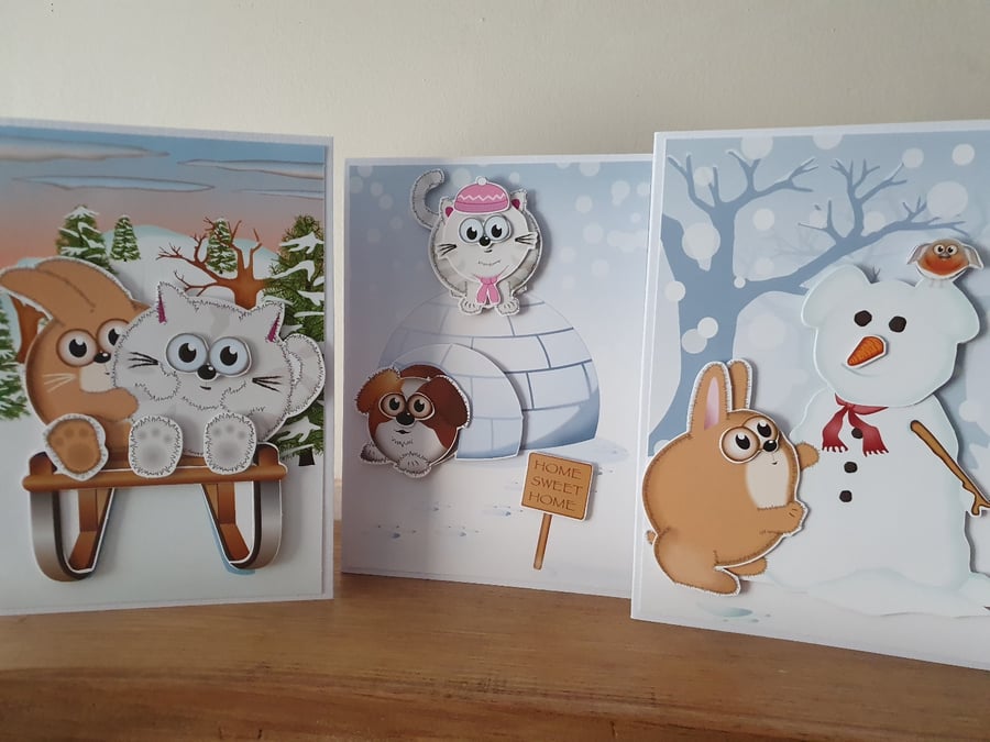 Three Fun Decoupaged Christmas Cards 