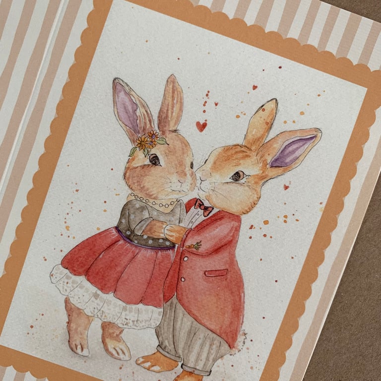 Anniversary card, romantic card, animal card, bunny couple blank card