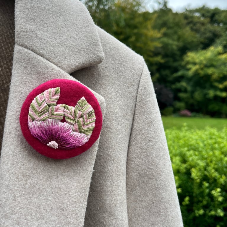 Magenta hand embroidered floral brooch, stitched flower brooch pin 