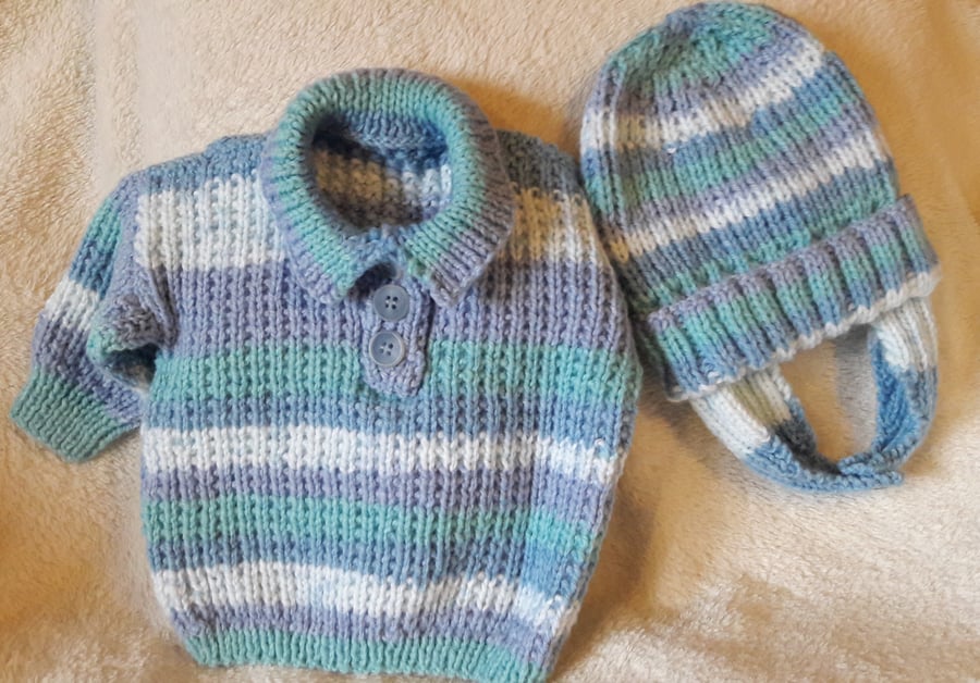 Baby's Knitted Sweater and Hat Set