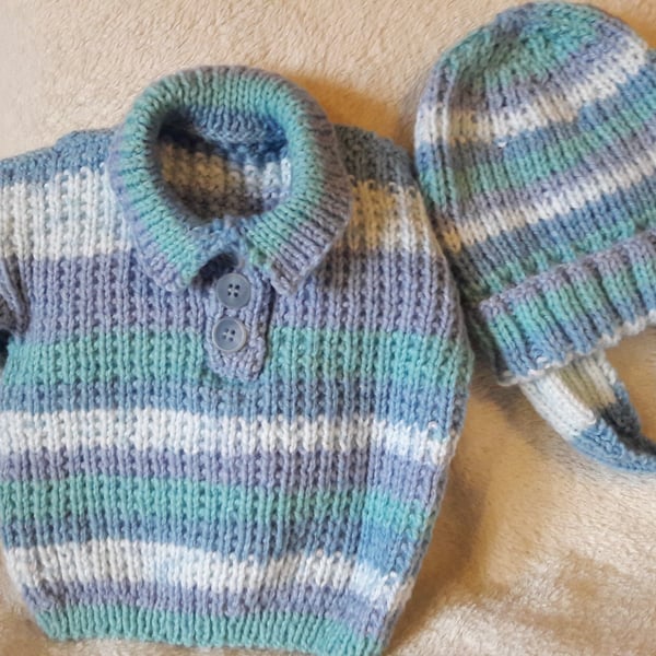 Baby's Knitted Sweater and Hat Set
