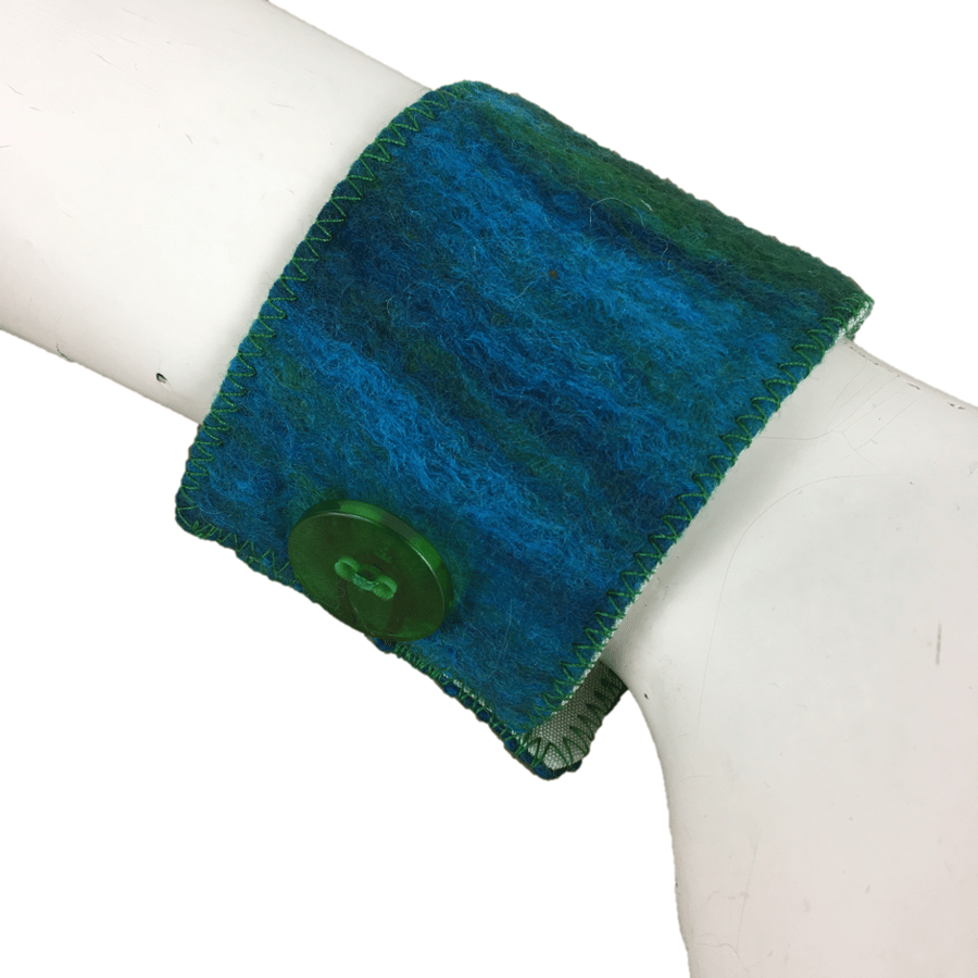 Felted wrist cuff in blue and green merino wool