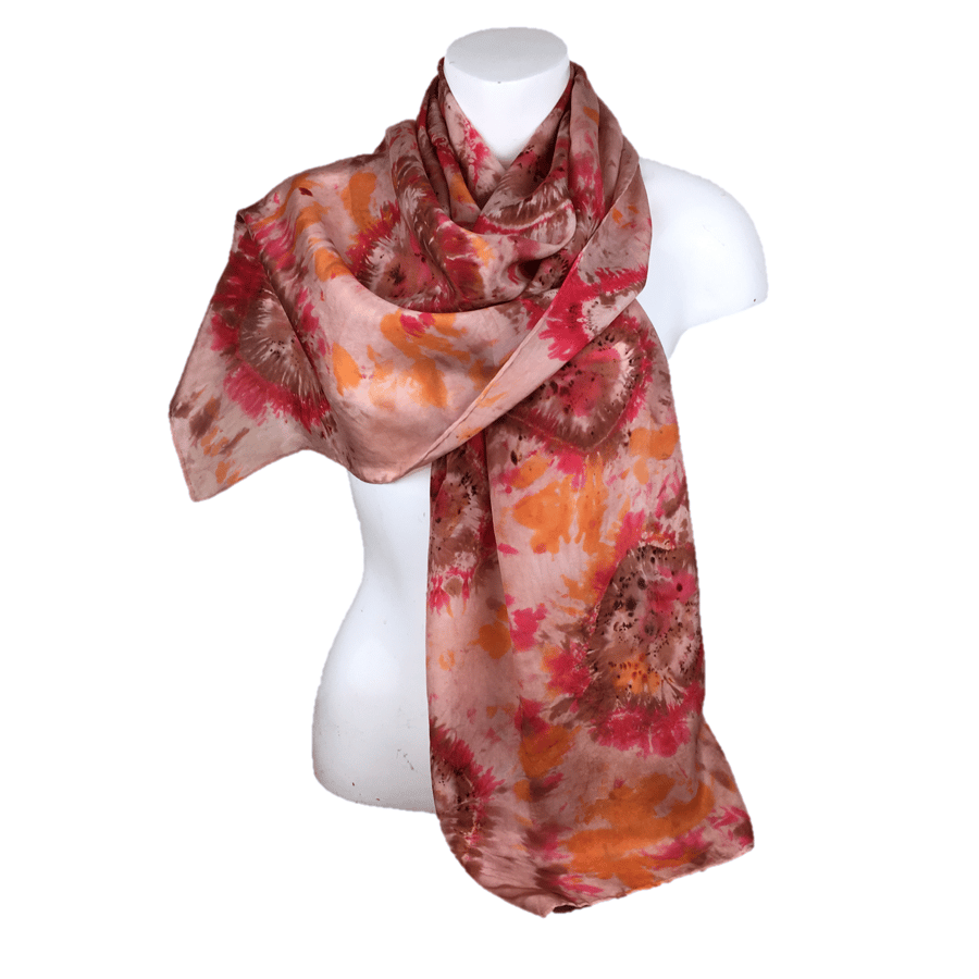 Silk crepe de chine hand dyed scarf in brown and red shades