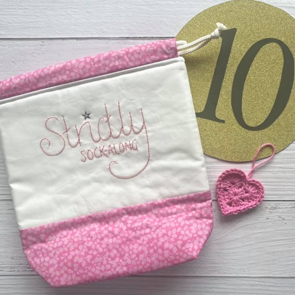 'Strictly Sock-Along' Project Bag with Hand Embroidery - Pink