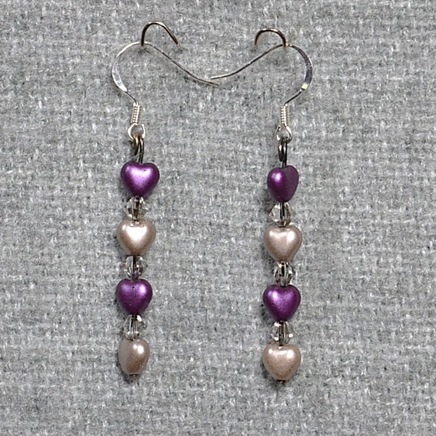 Purple and Soft-Grey Hearts with Smoky Crystals Earrings