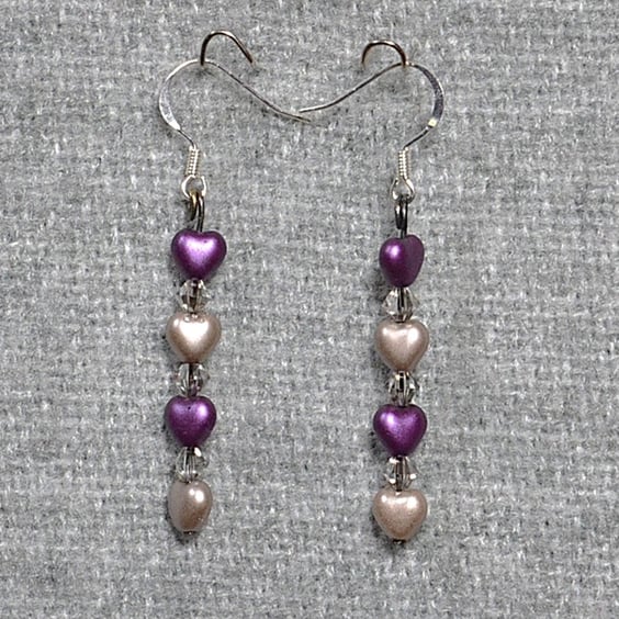 Purple and Soft-Grey Hearts with Smoky Crystals Earrings