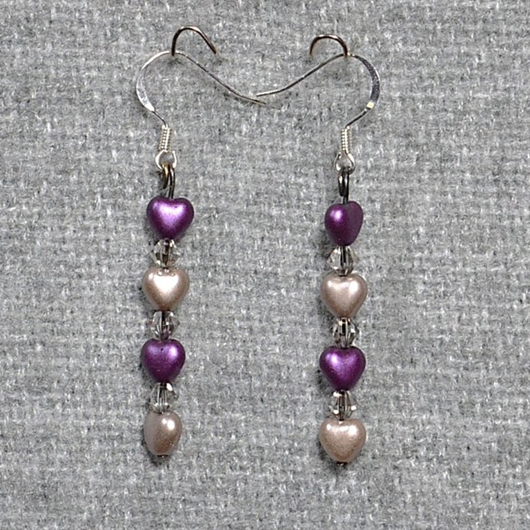 Purple and Soft-Grey Hearts with Smoky Crystals Earrings