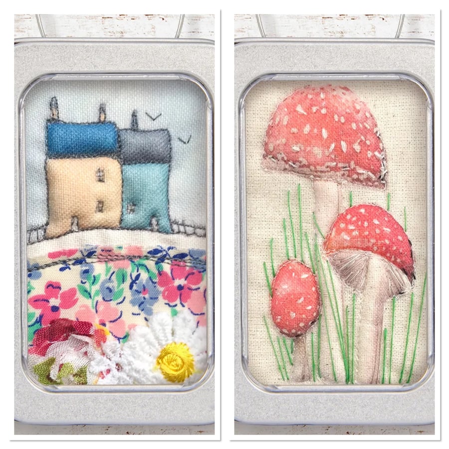 Cottages & Toadstool - Beautiful Bundle - set of 2 pictures, framed in tins 
