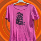 Handprinted lino jester raccoon upcycled t-shirt medium 