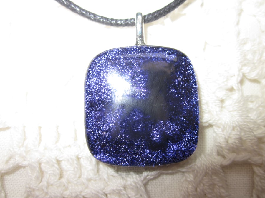 Handmade dichroic glass cabochon pendant - Purple black enamel fairy on flower