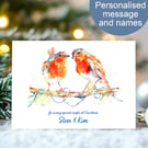 Robin Love Christmas Card, personalised message and names, 2 sizes
