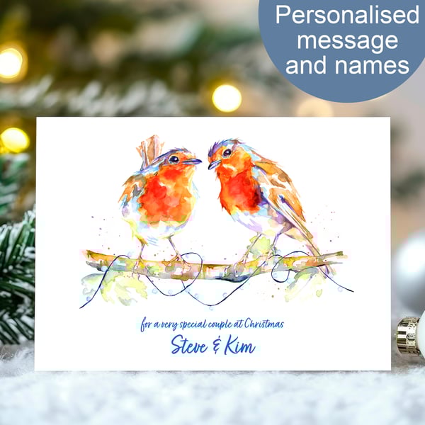 Robin Love Christmas Card, personalised message and names, 2 sizes