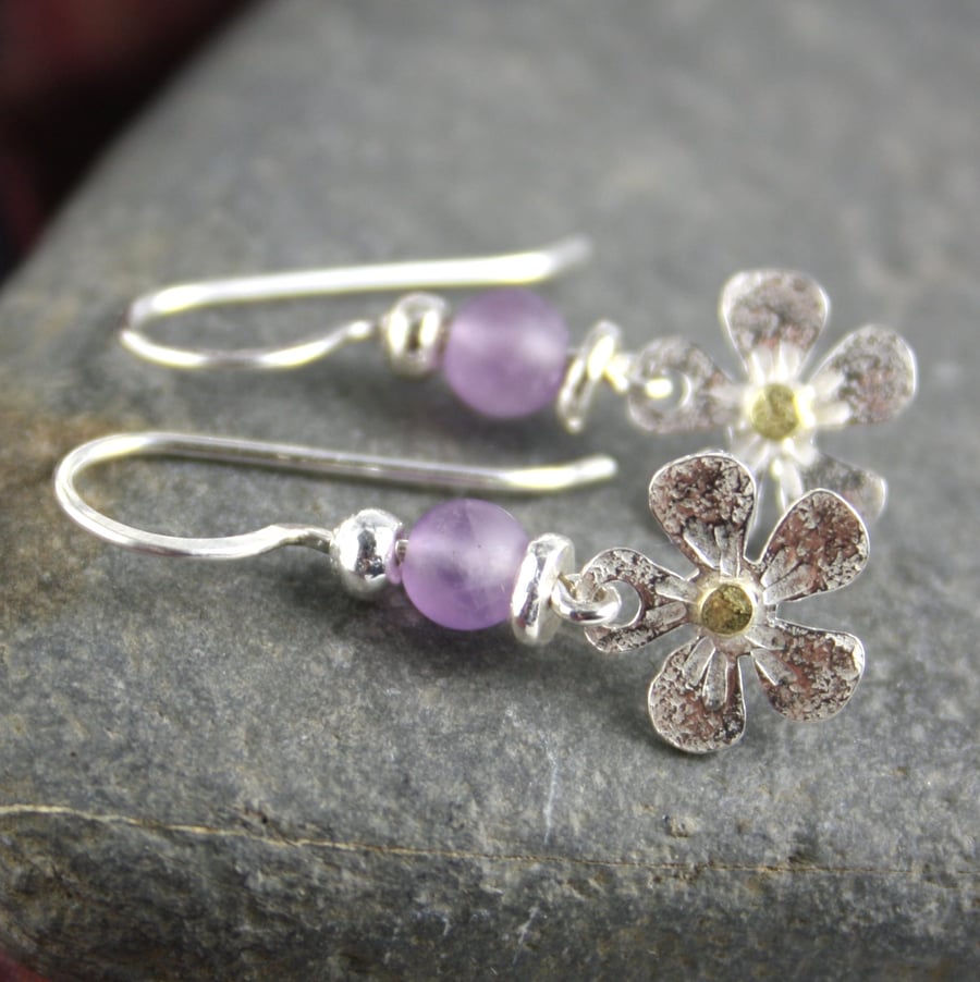 Sterling silver, gold and frosted amethyst flower earrings 