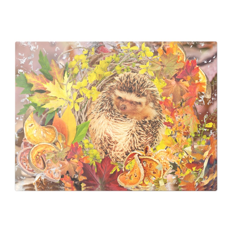 Snug As A Bug Baby Hedgehog in Autumn Foliage Glass Chopping Board