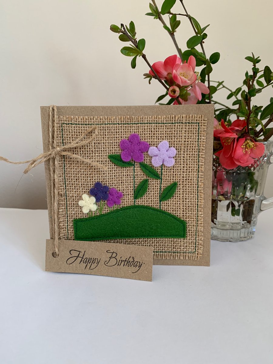 Birthday card. Purple and lilac flowers. Wool felt. Handmade Card.