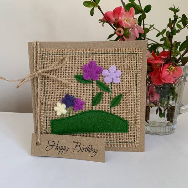 Birthday card. Purple and lilac flowers. Wool felt. Handmade Card.