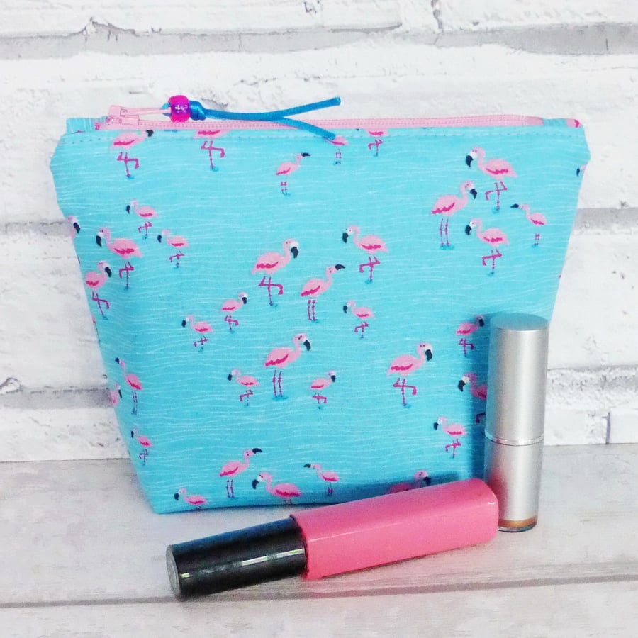 REDUCED: Flamingos make up bag, zipped pouch, cosmetic bag, medium size.